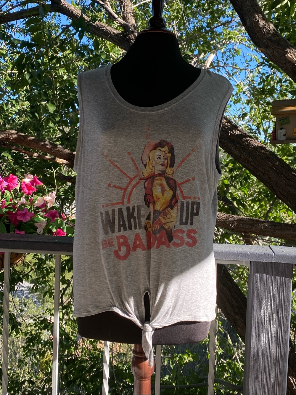 Idyllwind Grey Graphic Tie-Front Tank with Red & Yellow Accents